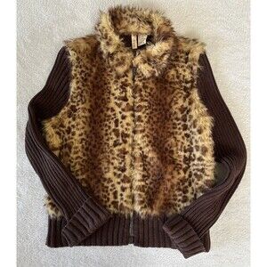 Tiara Leopard Faux Fur Zip Sweater Brown Ribbed Knit Y2K Glam Cozy Luxe SzMedium